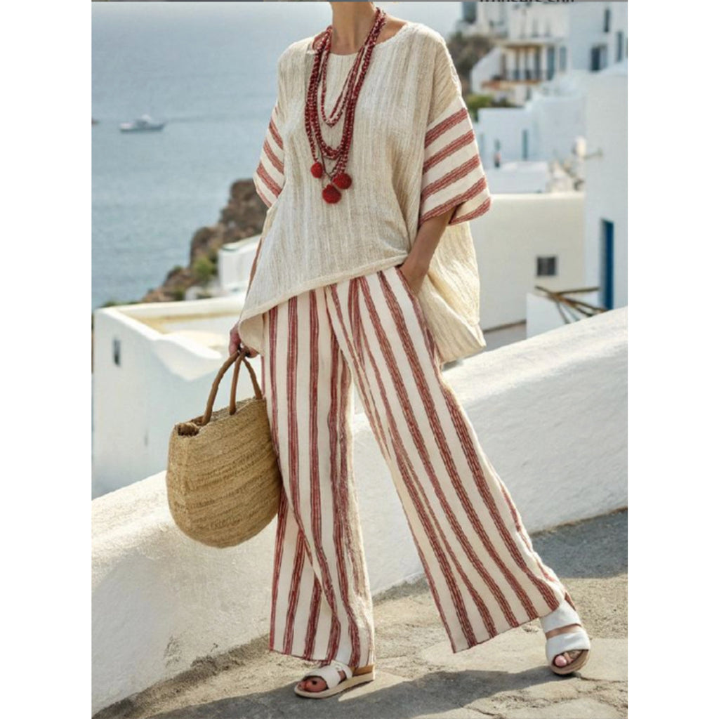 Women European Boho Striped Plus Size Loose Kaftan Beach Vacation Set