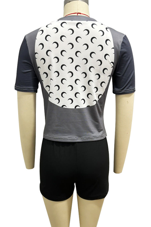 Vintage Star Graphic Print Short Sleeve Crop Top Biker Short 2 Piece Set