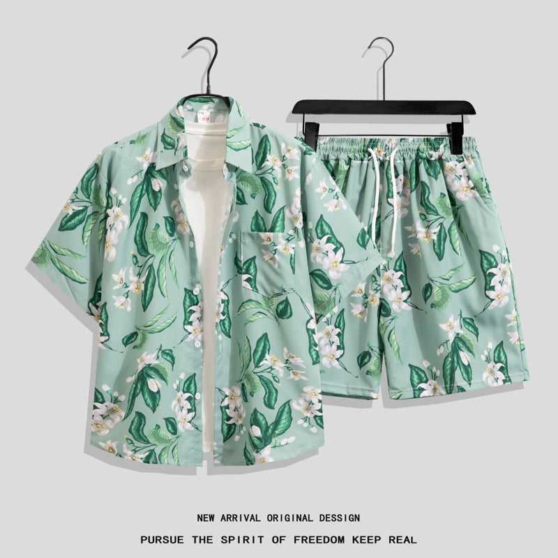 Ice Silk Quick Dry Couple Floral Loose Beach Shirt Shorts Set T3601-T3630