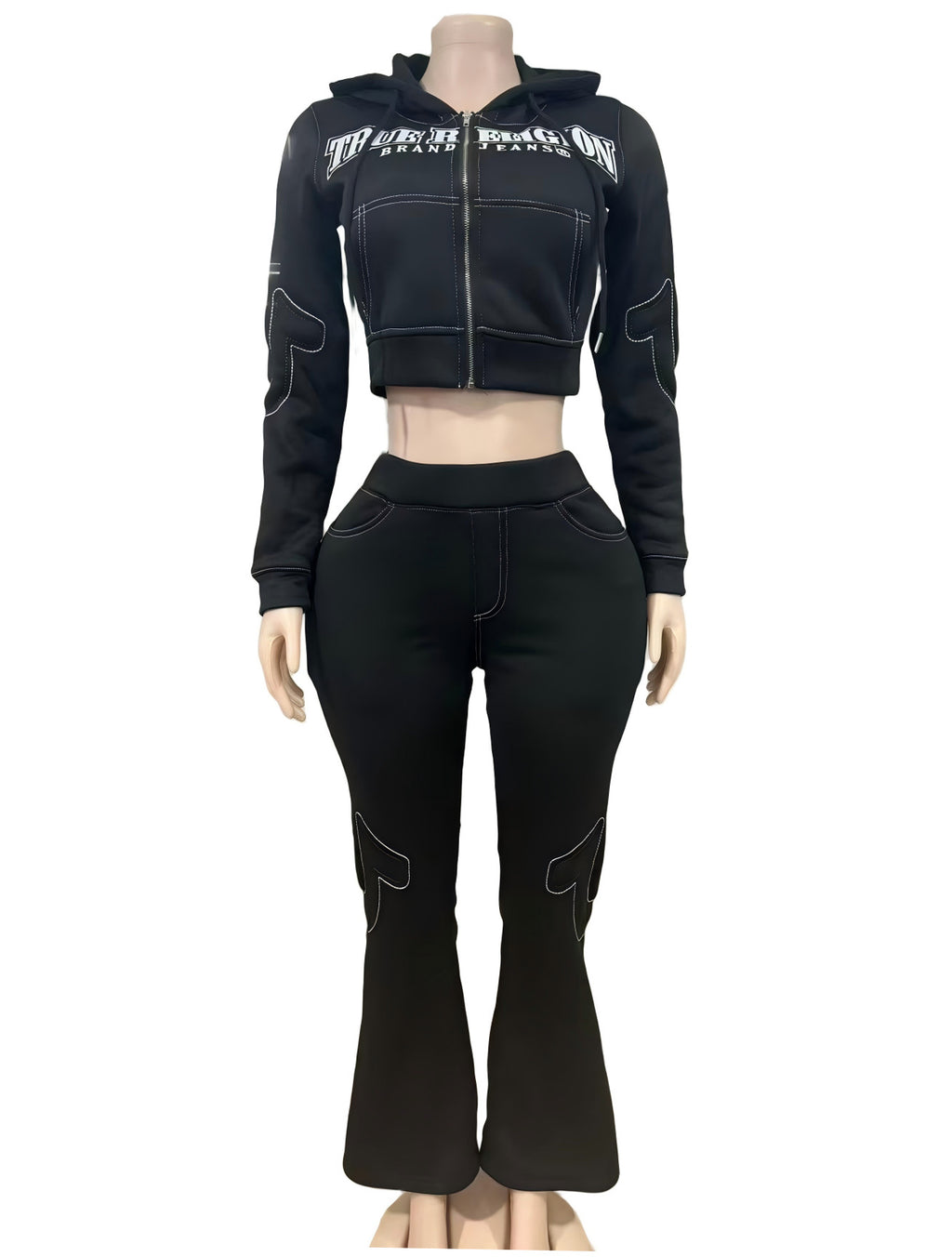 True Religion Stitch Embroidered Zip Crop Hoodie Flare Pants Tracksuit Set