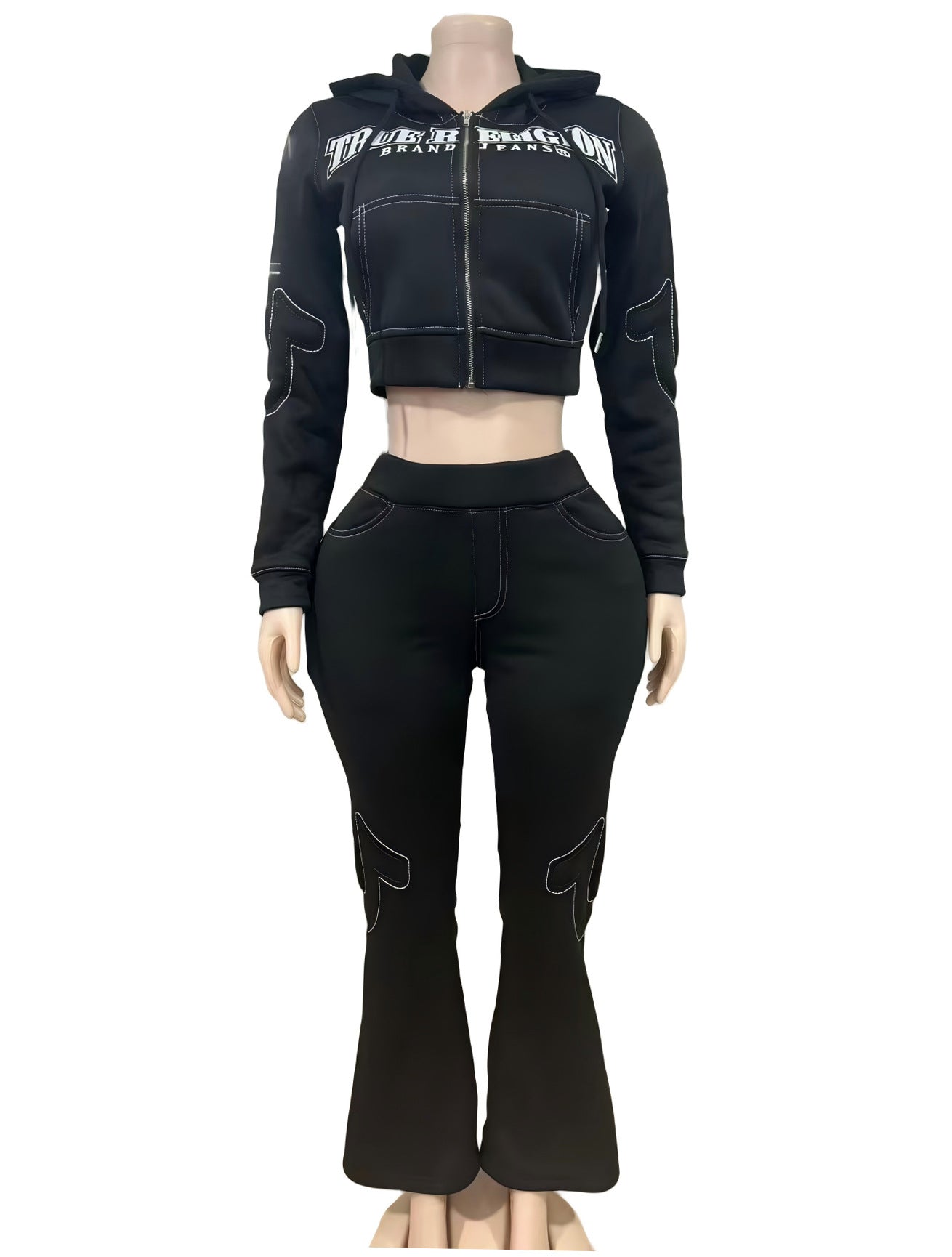 True Religion Stitch Embroidered Zip Crop Hoodie Flare Pants Tracksuit Set