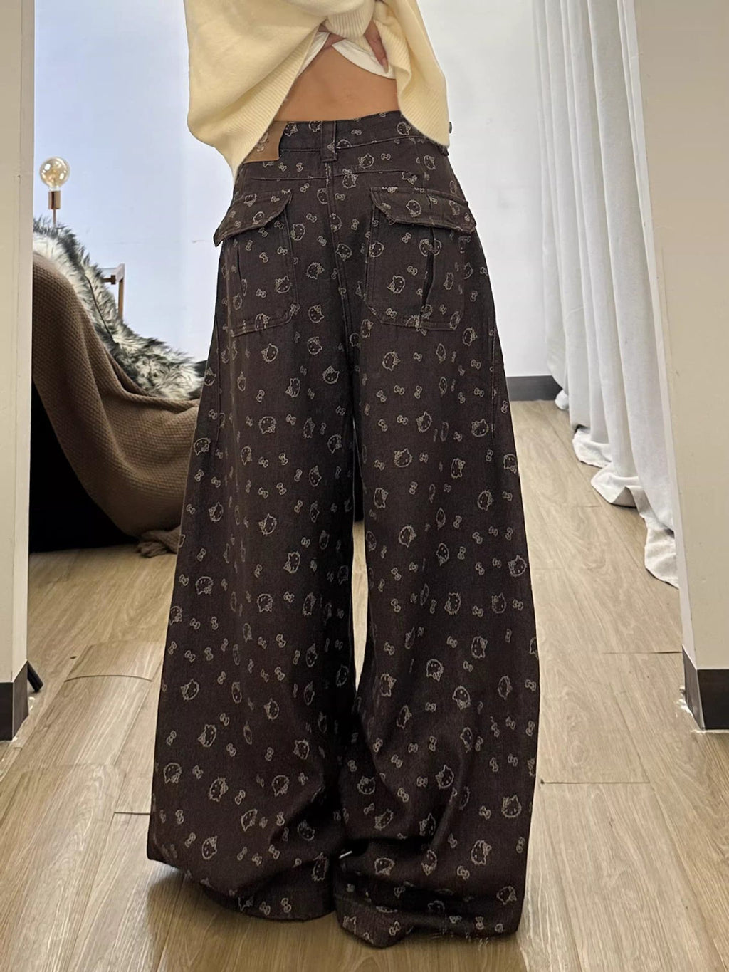 Brown Hello Kitty Print Wide Leg Denim Jeans High Waist Loose Trousers