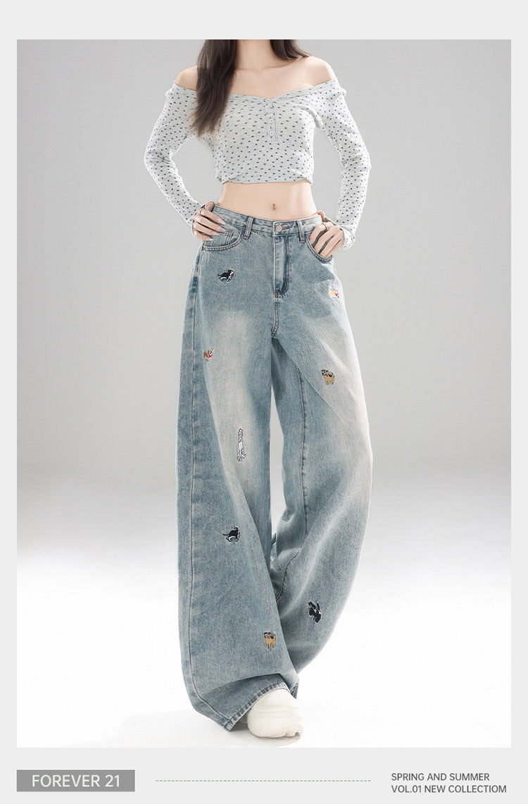 Light Blue Puppy Embroidered Wide Leg Denim High Waist Loose Trousers