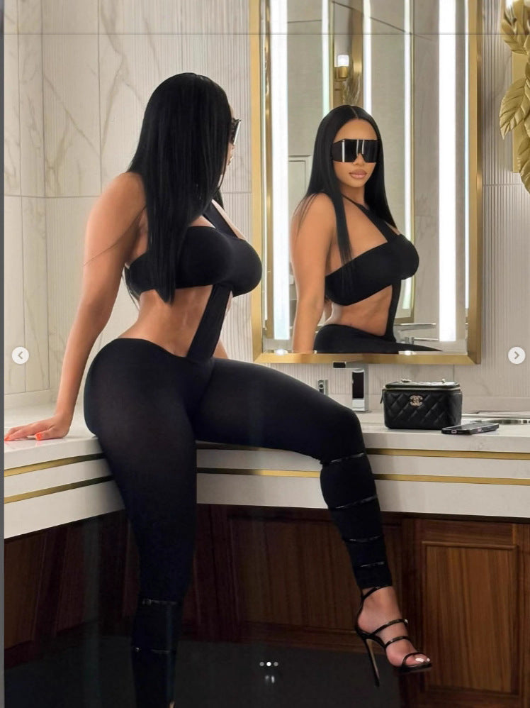 Cutout Halter Top High Waist Leggings 2 Piece Outfit Set