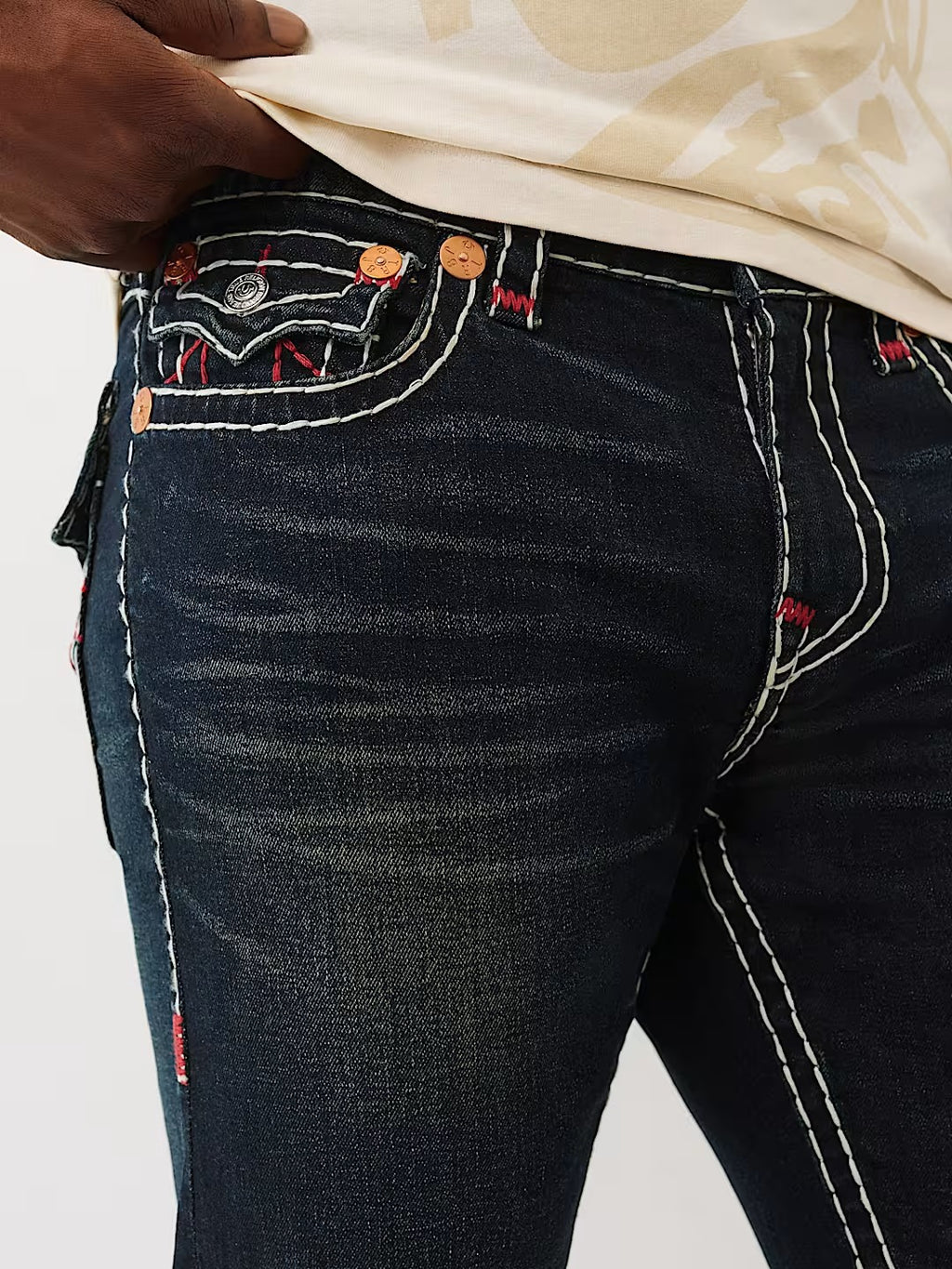 True Religion White Contrast Stitch Horseshoe Straight Jeans Men Y2K