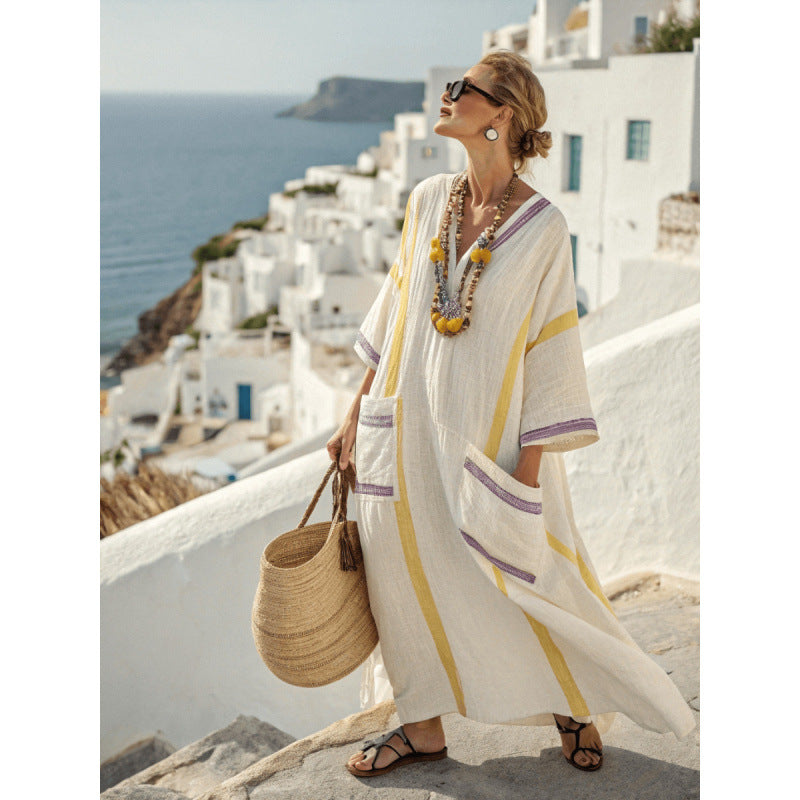 Women Boho V Neck Patch Pocket Print Loose Kaftan Maxi Beach Dress