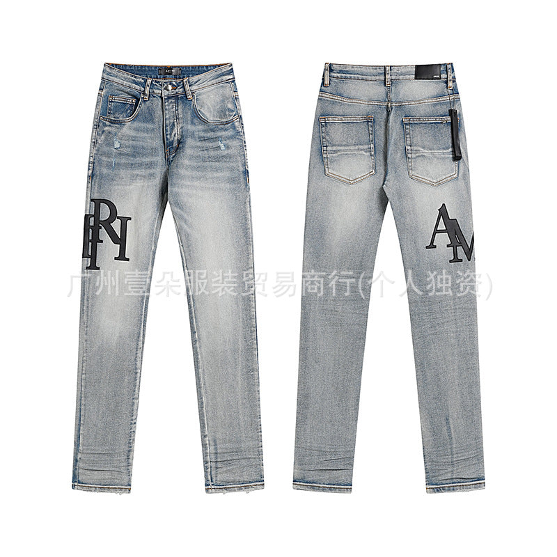 Amiri Blue Letter Embroidery Distressed Stretch Slim Fit Denim Jeans