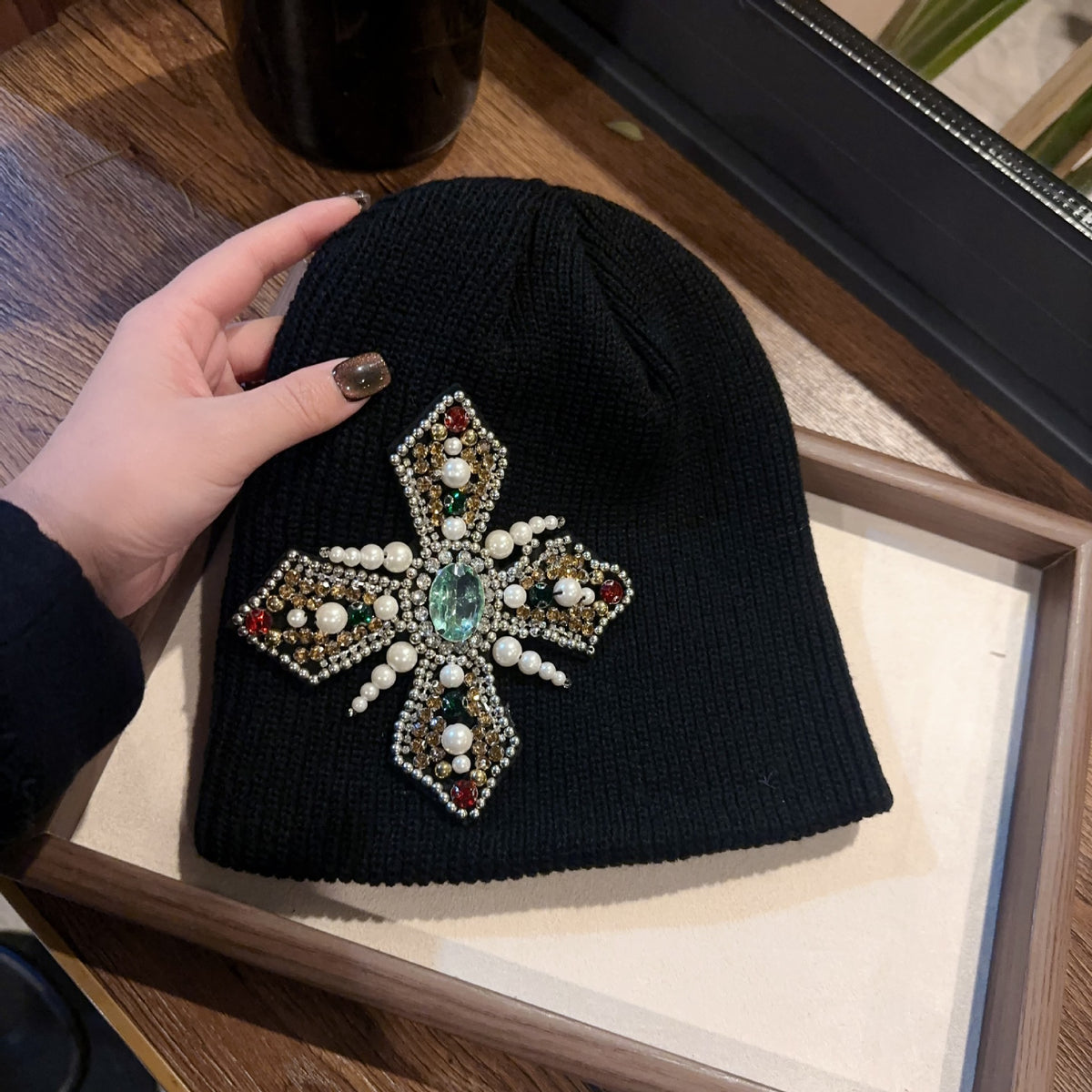 Rhinestone Cross Gem Knit Beanie Multi‑Style Streetwear Unisex