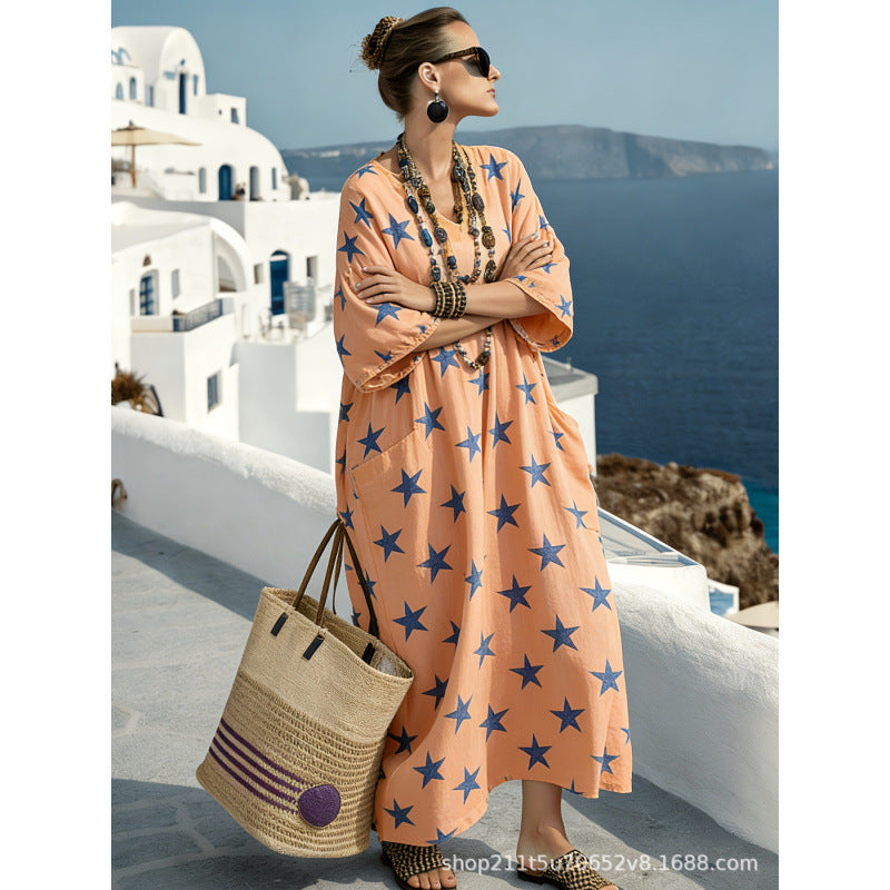 Women Boho Border Print V Neck Loose Kaftan Maxi Beach Dress