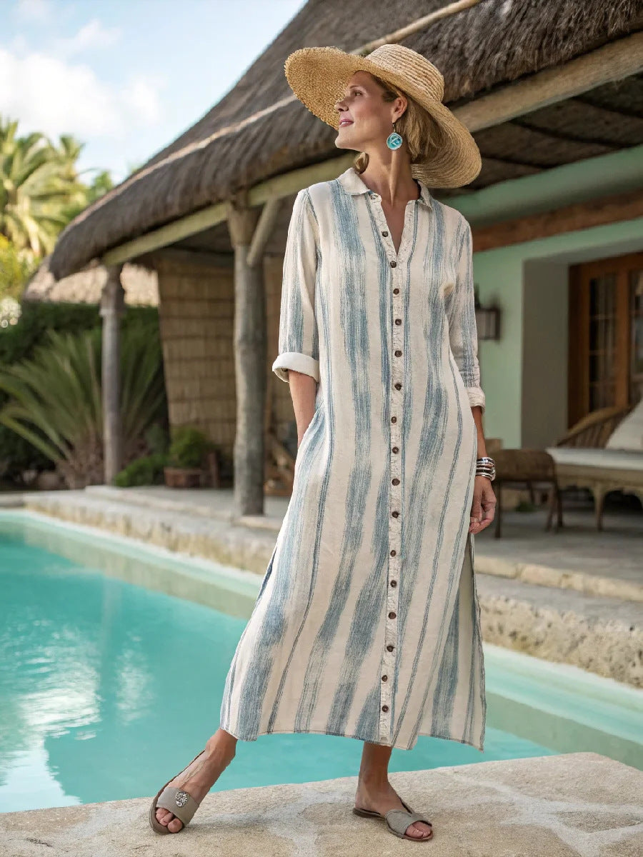 Women Boho Vertical Striped Collared Button Front Slit Loose Maxi Beach Dress