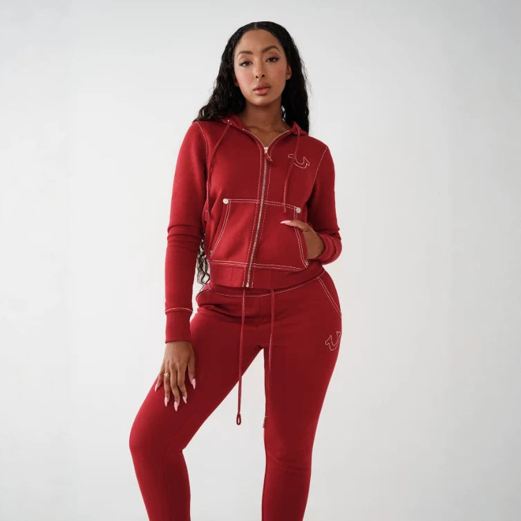 True Religion Vintage Stitch Zip Crop Hoodie Flare Pant Tracksuit Set