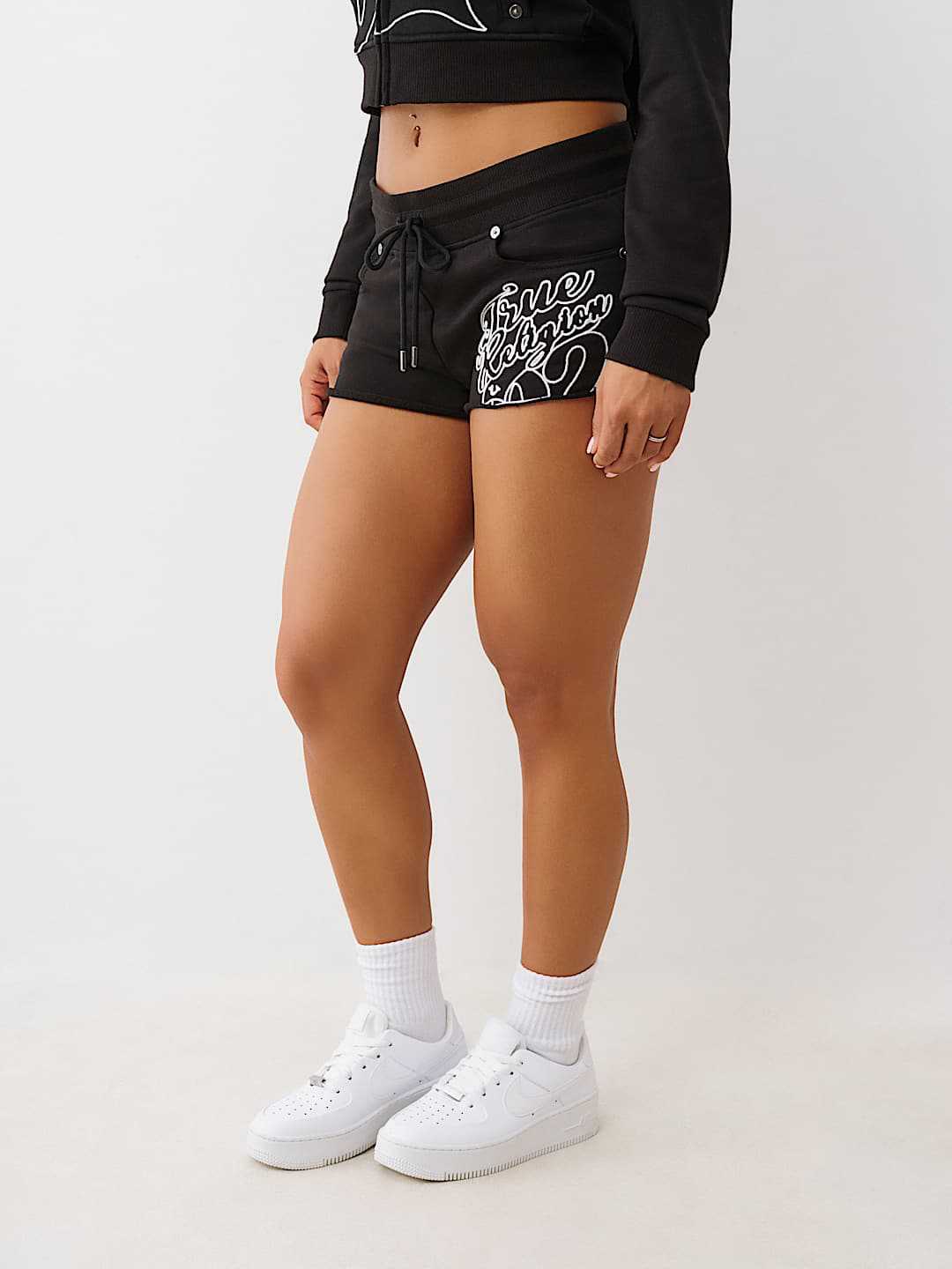 True Religion Graphic Zip Crop Hoodie Short Tracksuit Set
