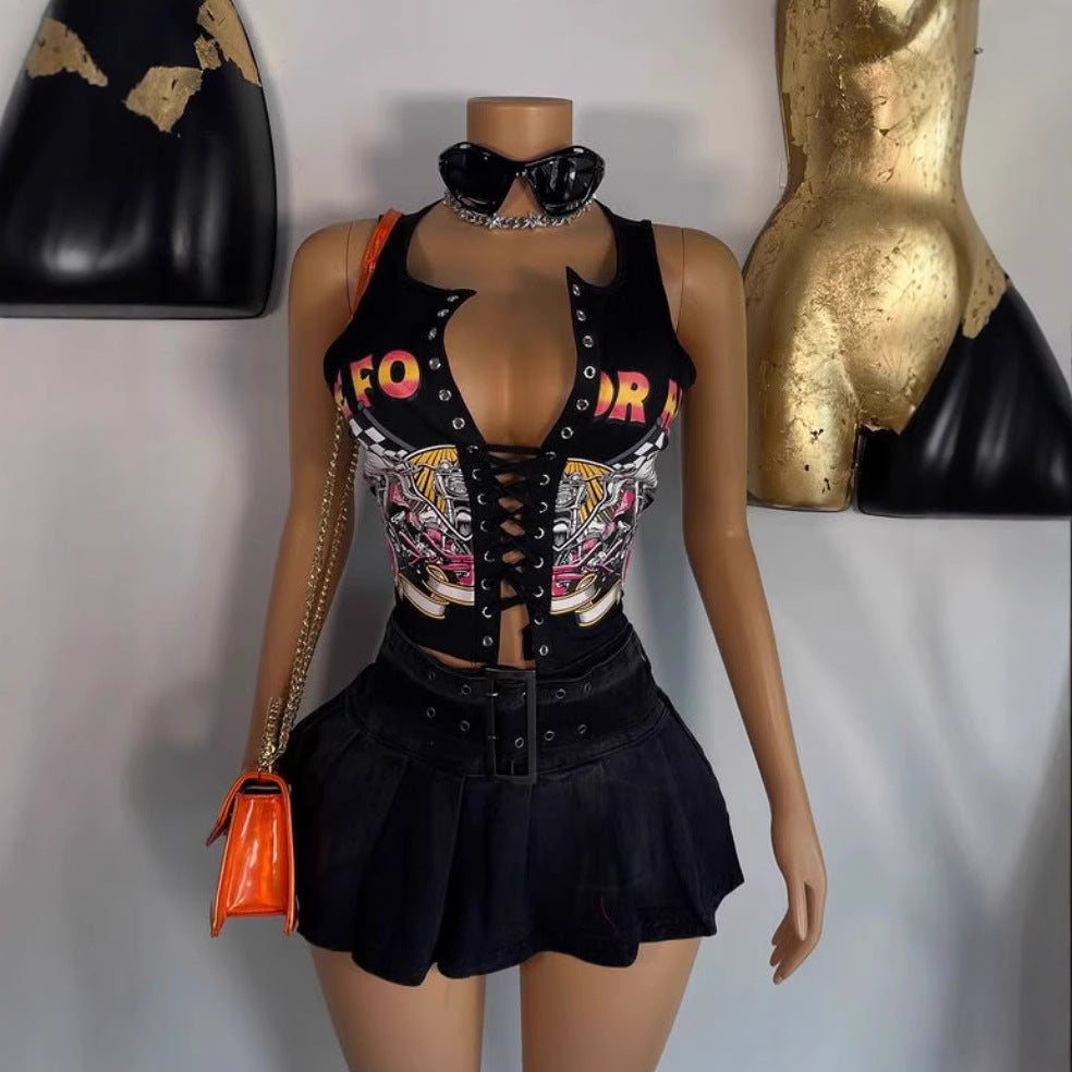 Vintage Graphic Lace Up Cutout Sleeveless Crop Tank Top