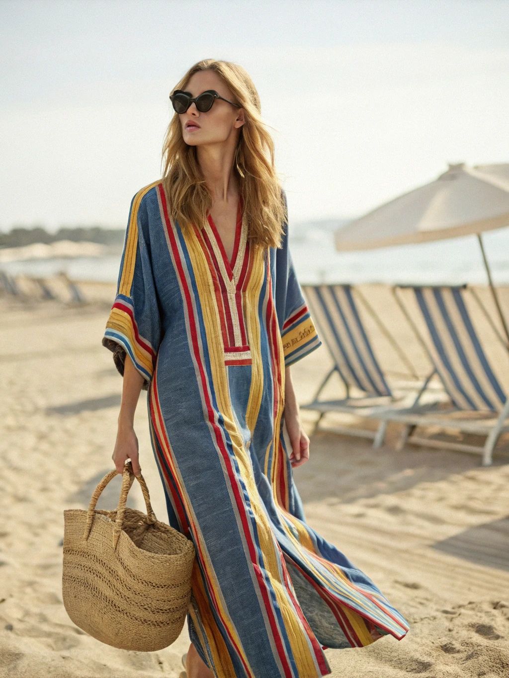Women Boho Abstract Print V Neck Batwing Loose Kaftan Maxi Beach Dress