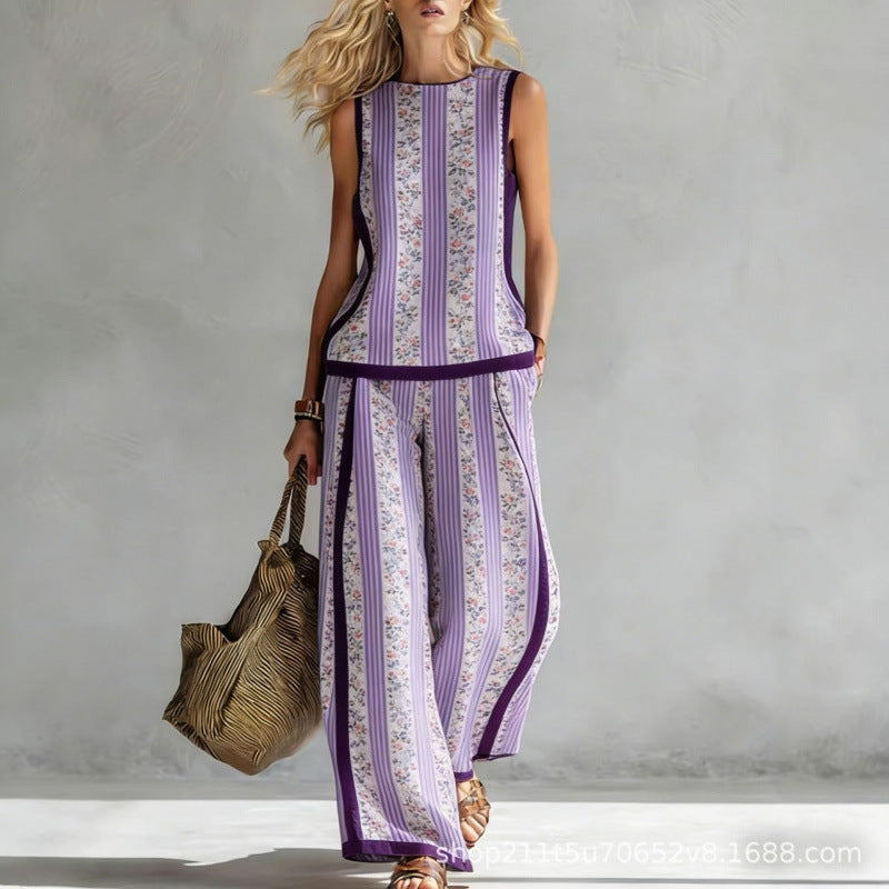 Boho Striped Floral Trim Sleeveless Wide Leg Two Piece Set