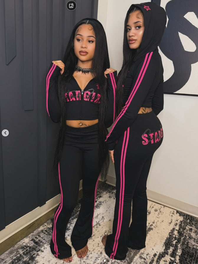 StarGirl Print Zip Up Hooded Crop Top Flare Pants 2 Piece Tracksuit Women