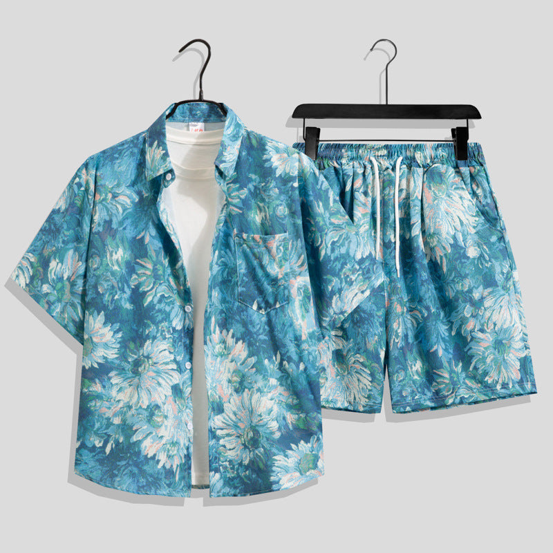 Ice Silk Quick Dry Couple Floral Loose Beach Shirt Shorts Set T3601-T3630