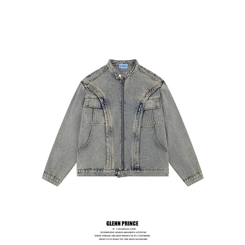 Y2K Vintage Washed Spliced Denim Zip‑Up Jacket Streetwear Unisex