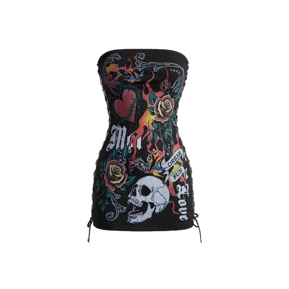 Skull Rose Graphic Print Strapless Side Lace Up Bodycon Mini Dress Women