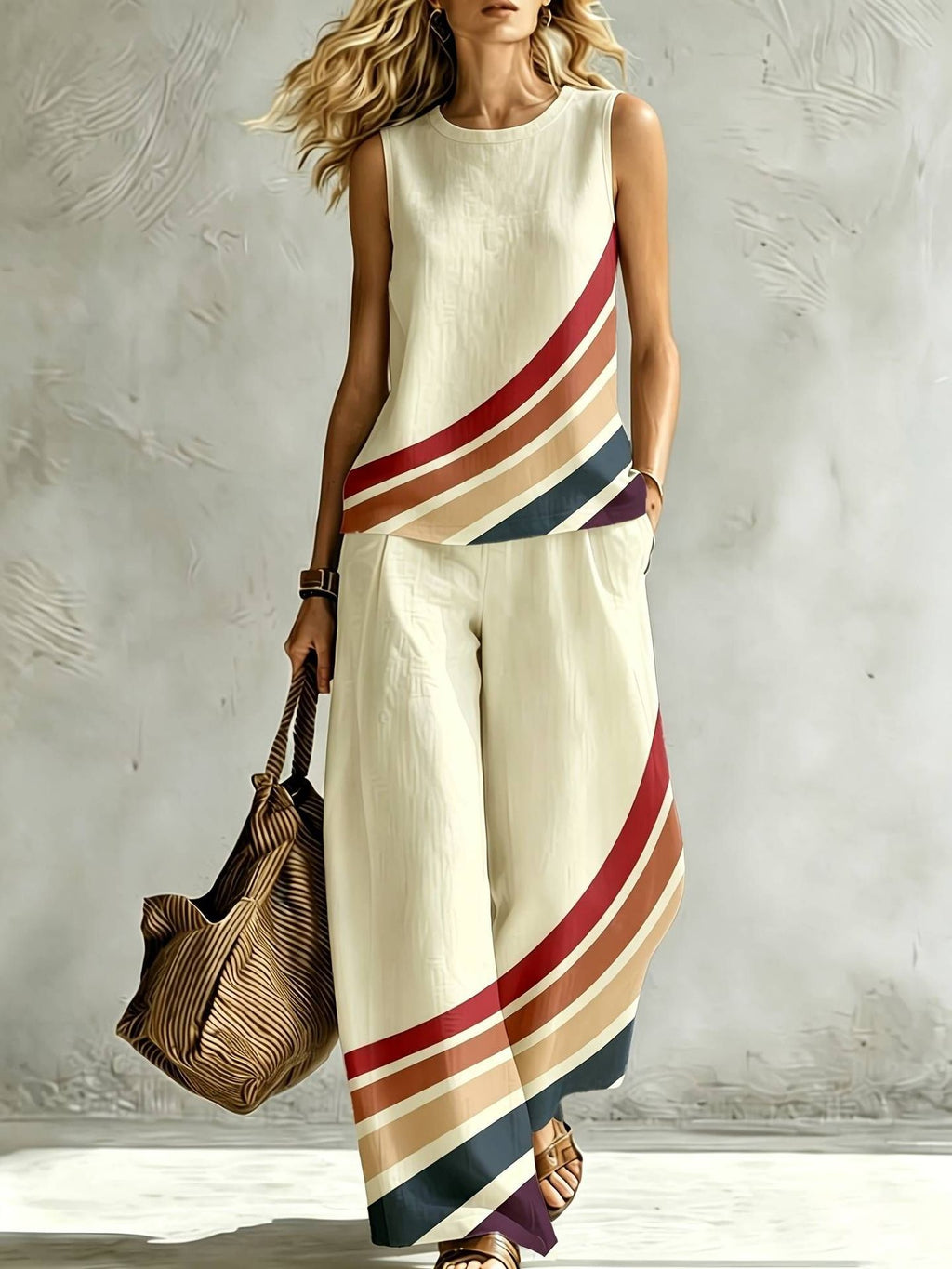 Boho Floral Trim Sleeveless Wide Leg Two Piece Set