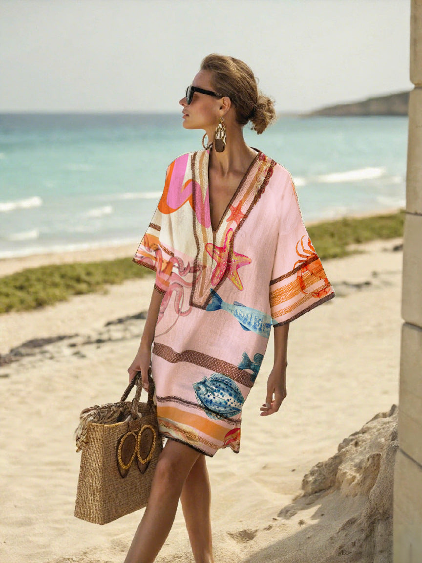 Women Boho Vertical Striped V Neck Loose Short Kaftan Beach Dress