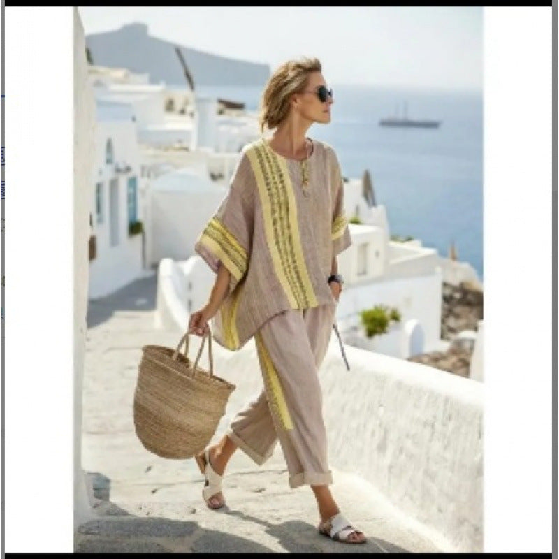 Women Boho Striped Plus Size Loose Kaftan Beach Set