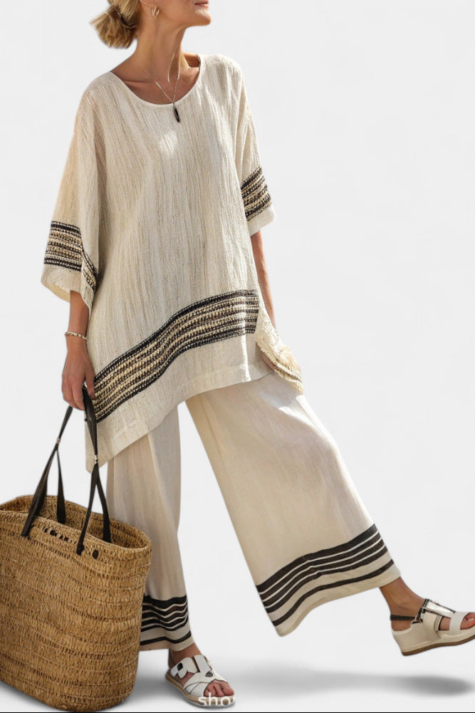 Women European Boho Striped Plus Size Loose Kaftan Beach Vacation Set