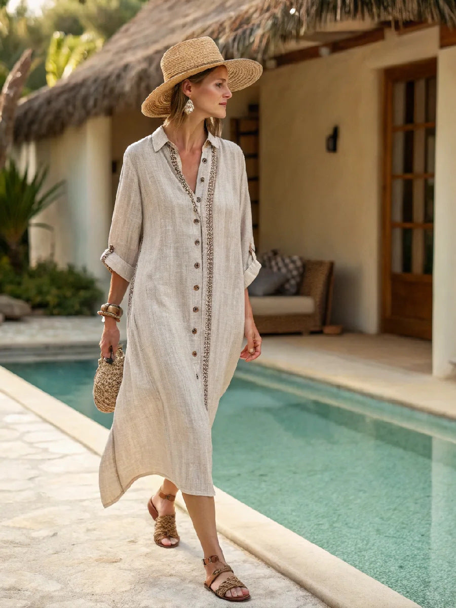 Women Boho Vertical Striped Collared Button Front Slit Loose Maxi Beach Dress