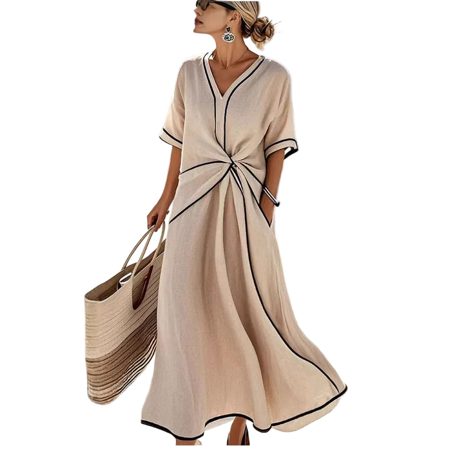 Women Boho V Neck Twist Front Trim Loose Linen Beach Maxi Dress