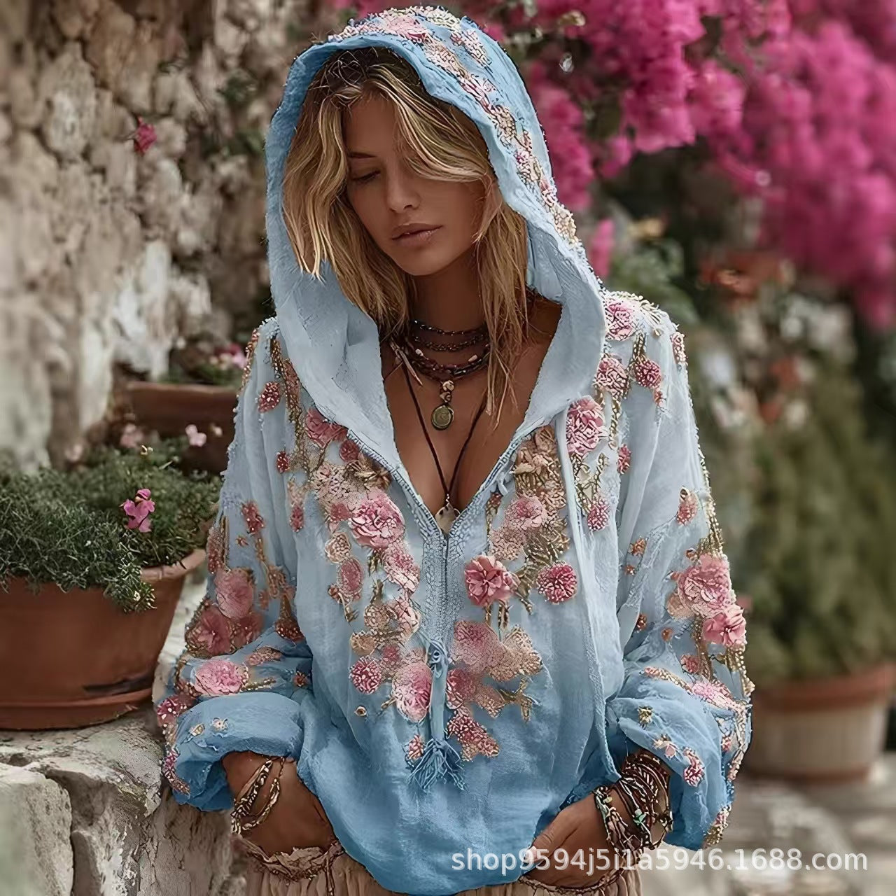 Women Boho Floral Print Zip Up Hooded Long Sleeve Loose Top