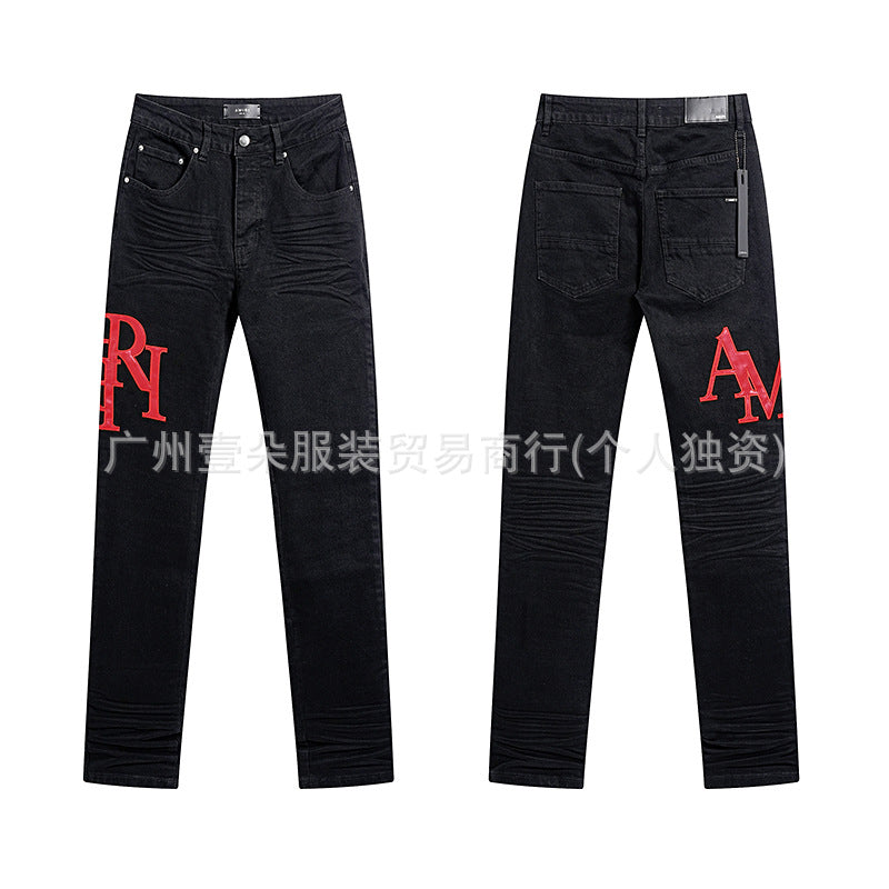 Amiri Letter Embroidery Distressed Stretch Slim Fit Denim Jeans Unisex
