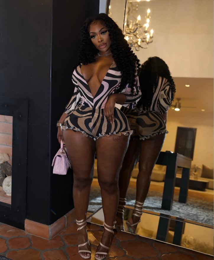 Y2K Abstract Swirl Print Deep V Long Sleeve Ruffle Short 2 Piece Set