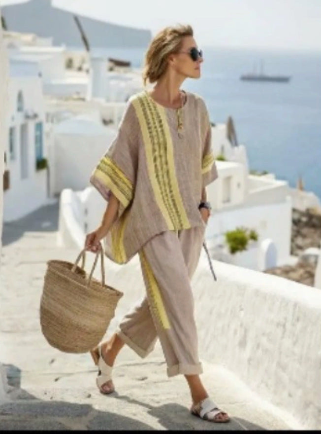 Women European Boho Striped Plus Size Loose Kaftan Beach Vacation Set