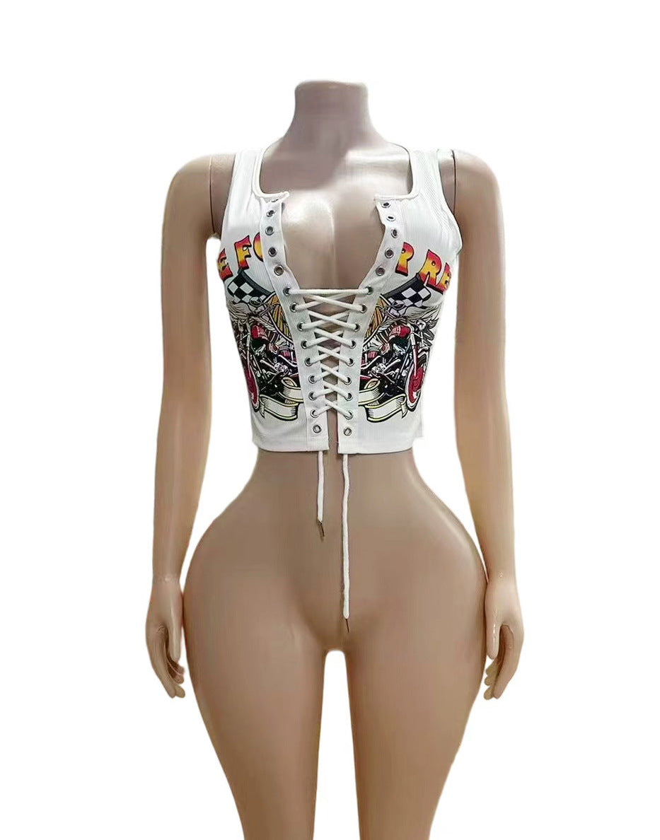 Vintage Graphic Lace Up Cutout Sleeveless Crop Tank Top