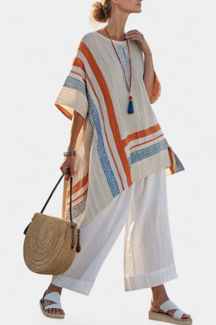 Women European Boho Striped Plus Size Loose Kaftan Beach Vacation Set