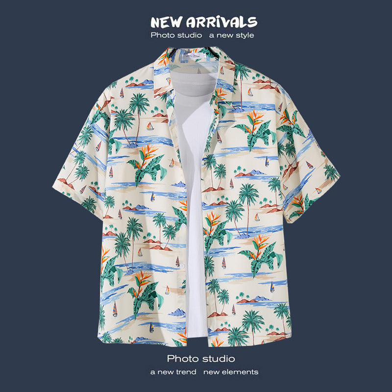 Mens Vintage Tropical Hawaiian Floral Loose Short Sleeve Beach Shirt
