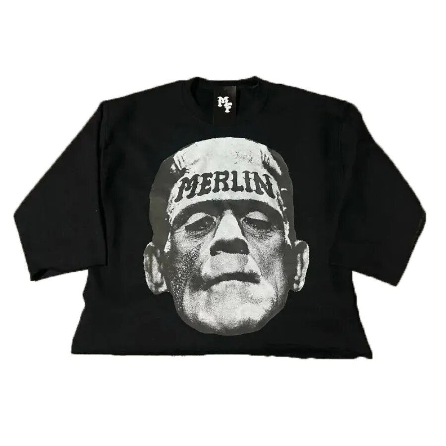 Merlin Worldwide Style Y2K Cartoon Portrait Oversized Vintage Baumwoll-T-Shirt