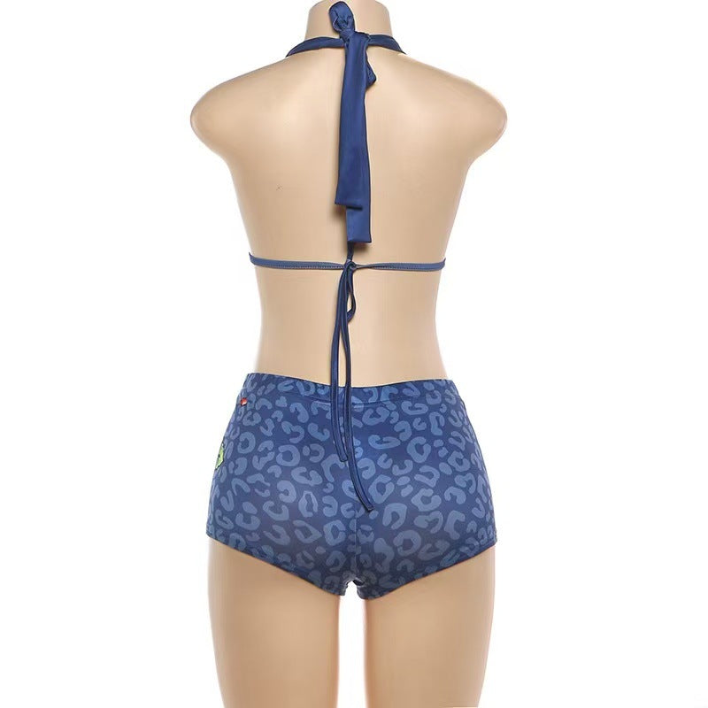 Leopard Rose Print Halter Sexy 2 Piece Shorts Set Women Club Outfit