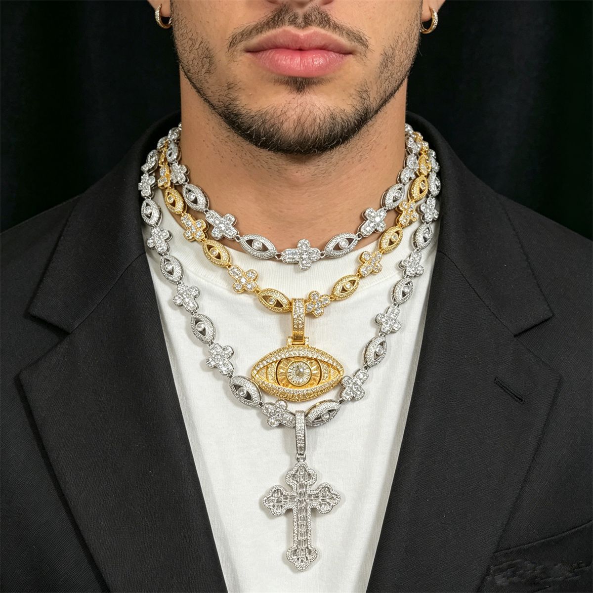 Iced Evil Eye Cross Pendant Hip Hop Chain Necklace