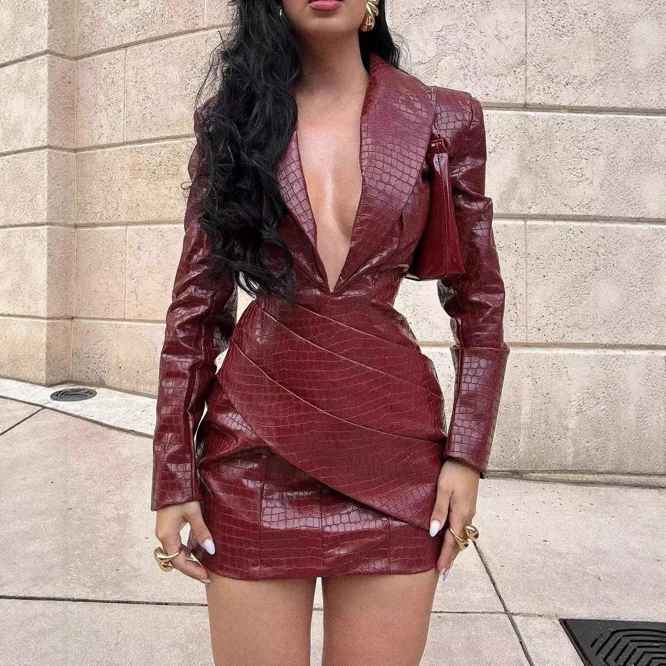 Croc Faux Leather Deep V Wrap Ruched Long Sleeve Mini Dress Women