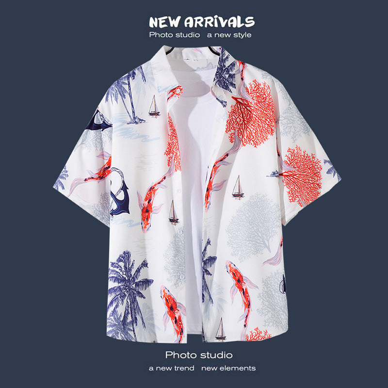 Mens Vintage Tropical Hawaiian Floral Loose Short Sleeve Beach Shirt