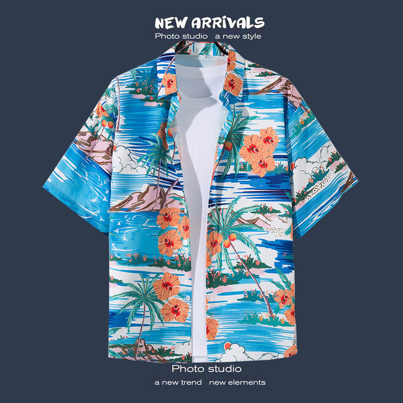 Mens Vintage Tropical Hawaiian Floral Loose Short Sleeve Beach Shirt