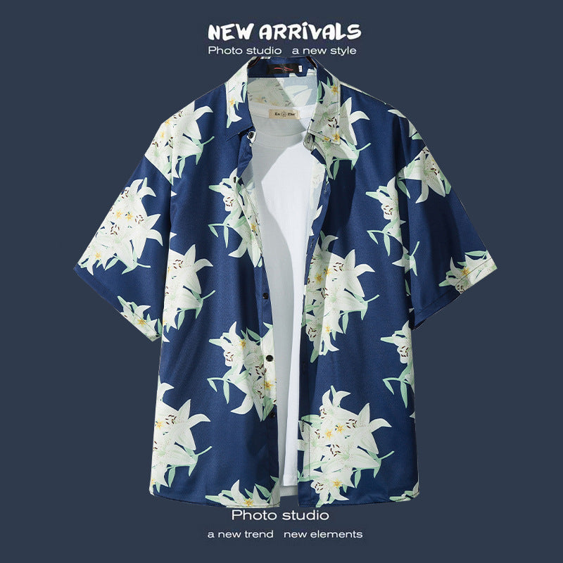 Mens Vintage Tropical Hawaiian Floral Loose Short Sleeve Beach Shirt