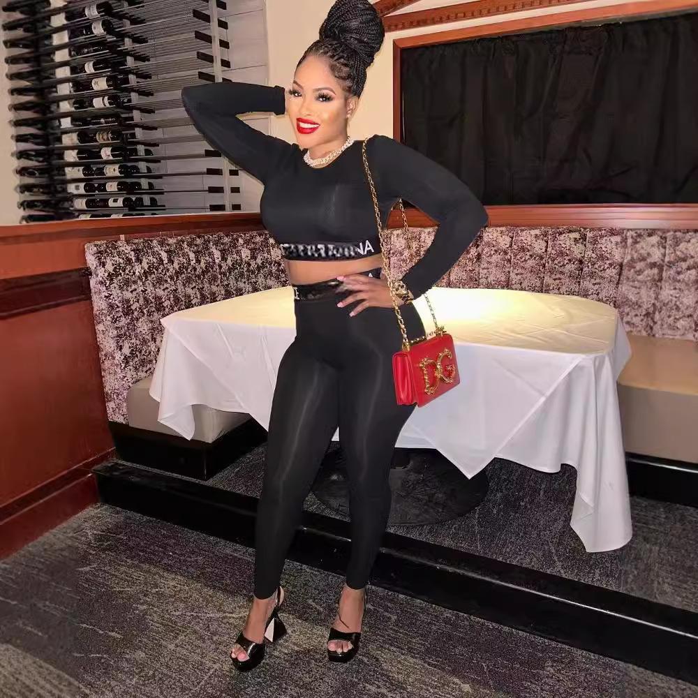 Y2K Long Sleeve Crop Top High Waist Legging 2 Piece Set