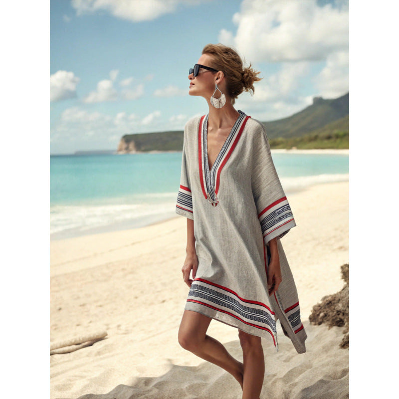 Women Boho Striped V Neck Loose Kaftan Midi Beach Dress
