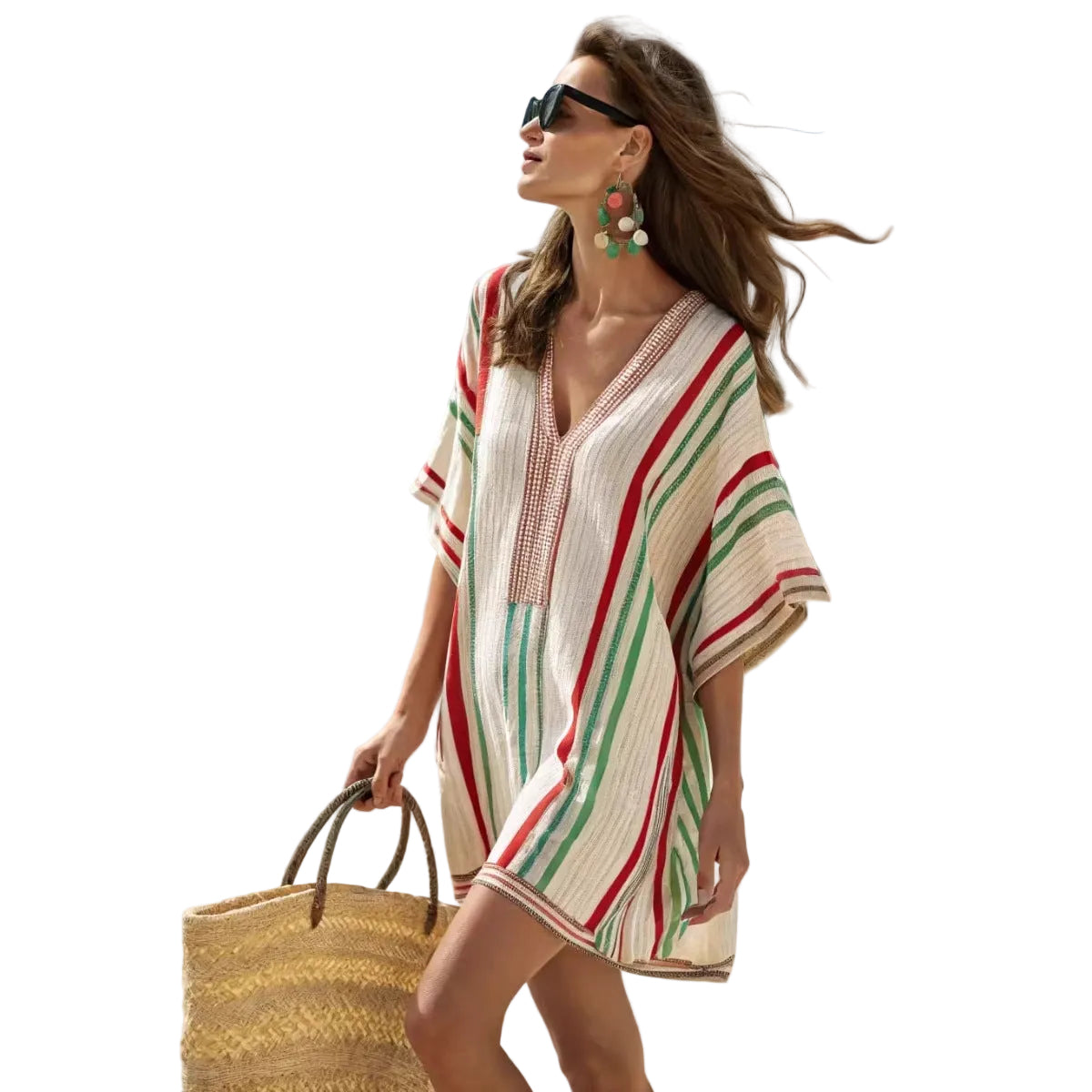 Women Boho Vertical Striped V Neck Loose Short Kaftan Beach Dress