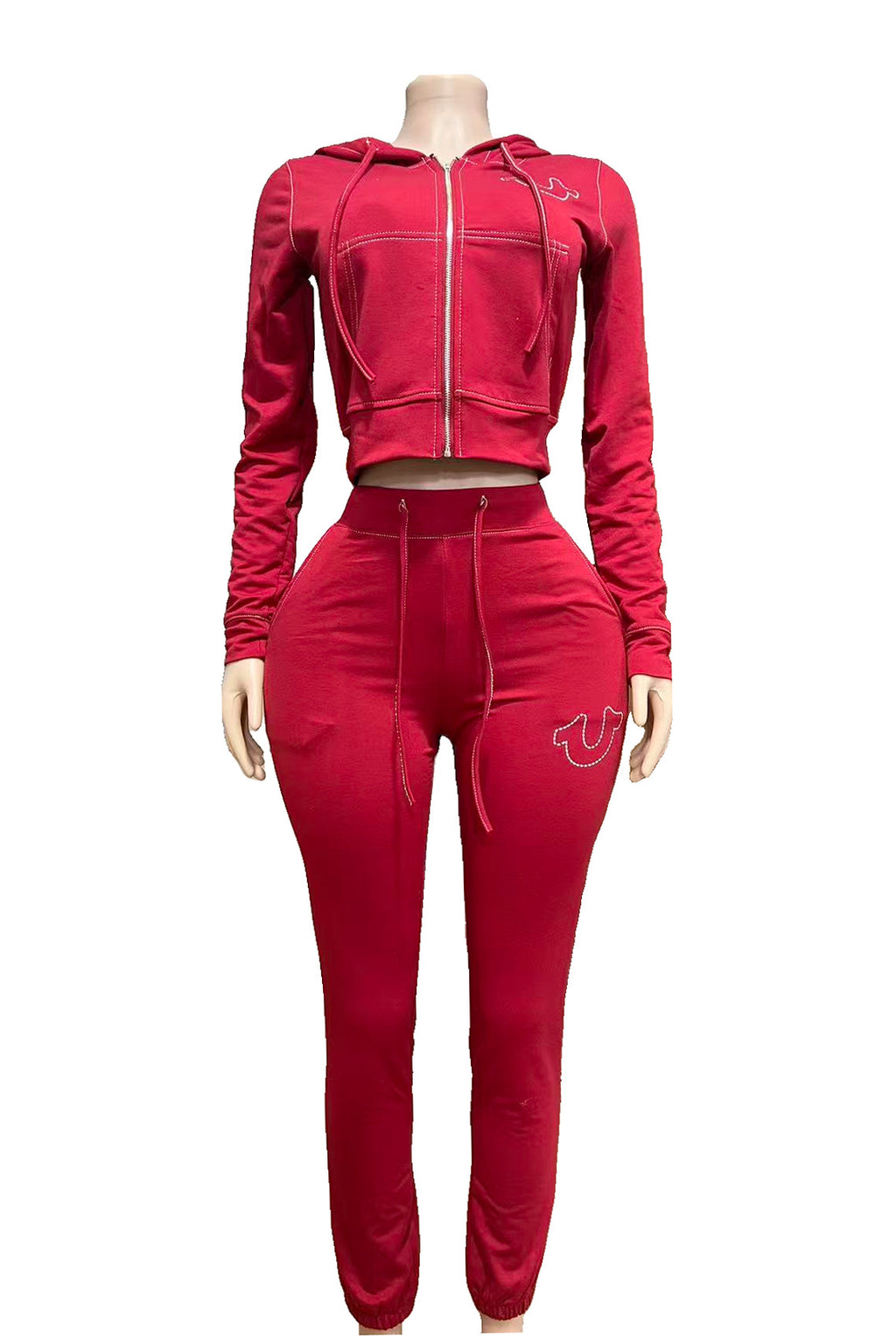 True Religion Vintage Stitch Zip Crop Hoodie Flare Pant Tracksuit Set
