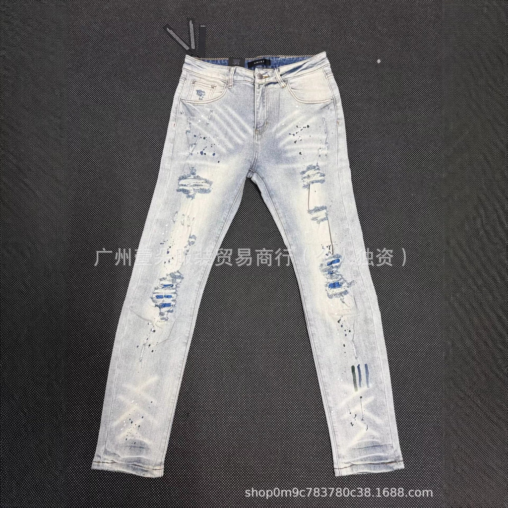 Amiri Patch Distressed Paint‑Splash Slim Fit Denim Jeans Unisex