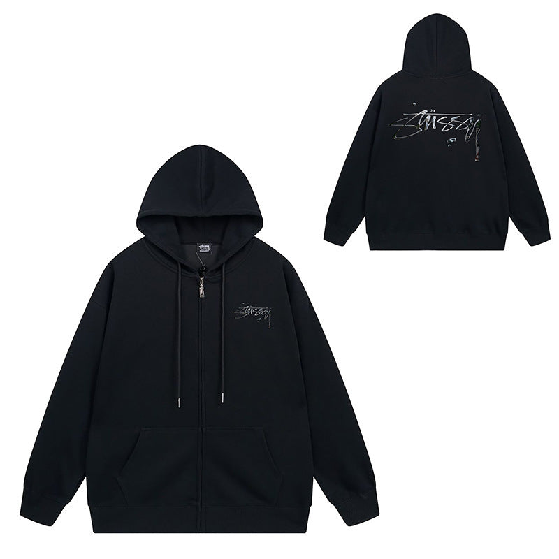 Stussy Graphic Zip Up Hoodie Letter Streetwear Casual Pullover Jacket