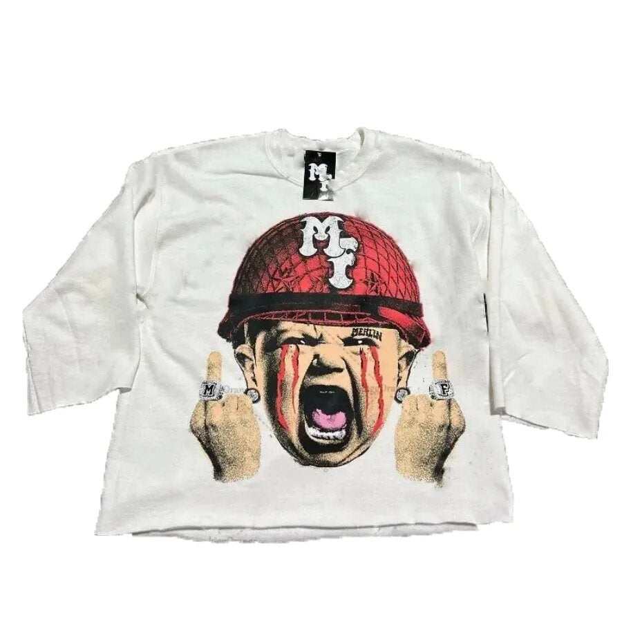 Merlin Worldwide Style Y2K Cartoon Portrait Oversized Vintage Baumwoll-T-Shirt